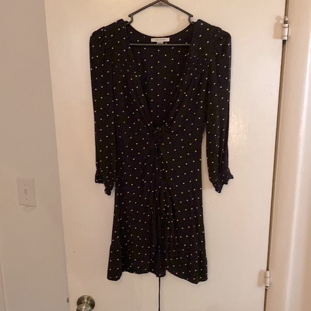 Brown wrap dress with white polka dots